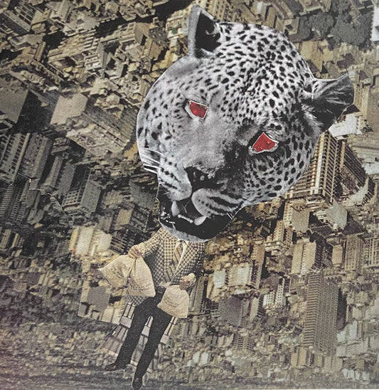 Collage of a leopard's head superimposed on a cityscape with a person holding a bag.