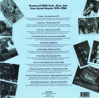 Back cover of a music album featuring black and white photos and text about Groove of ESSR.