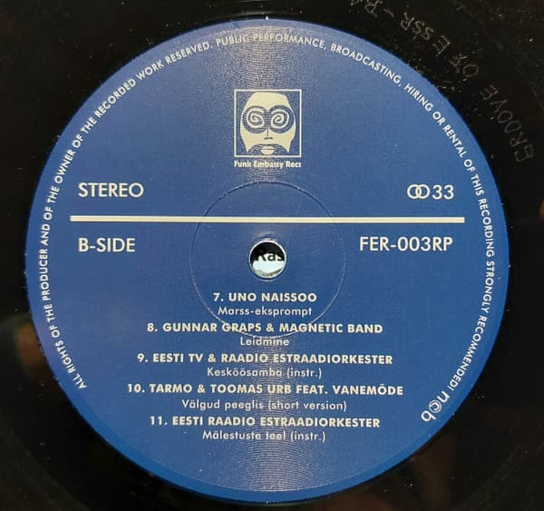 Blue label of a vinyl record with text and a logo