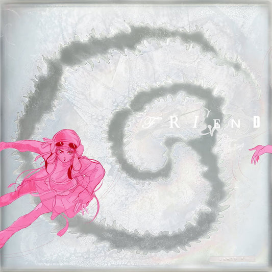 Front cover art for James K - Friend vinyl featuring illustration of a character in pink with a swirling design and text on a white background