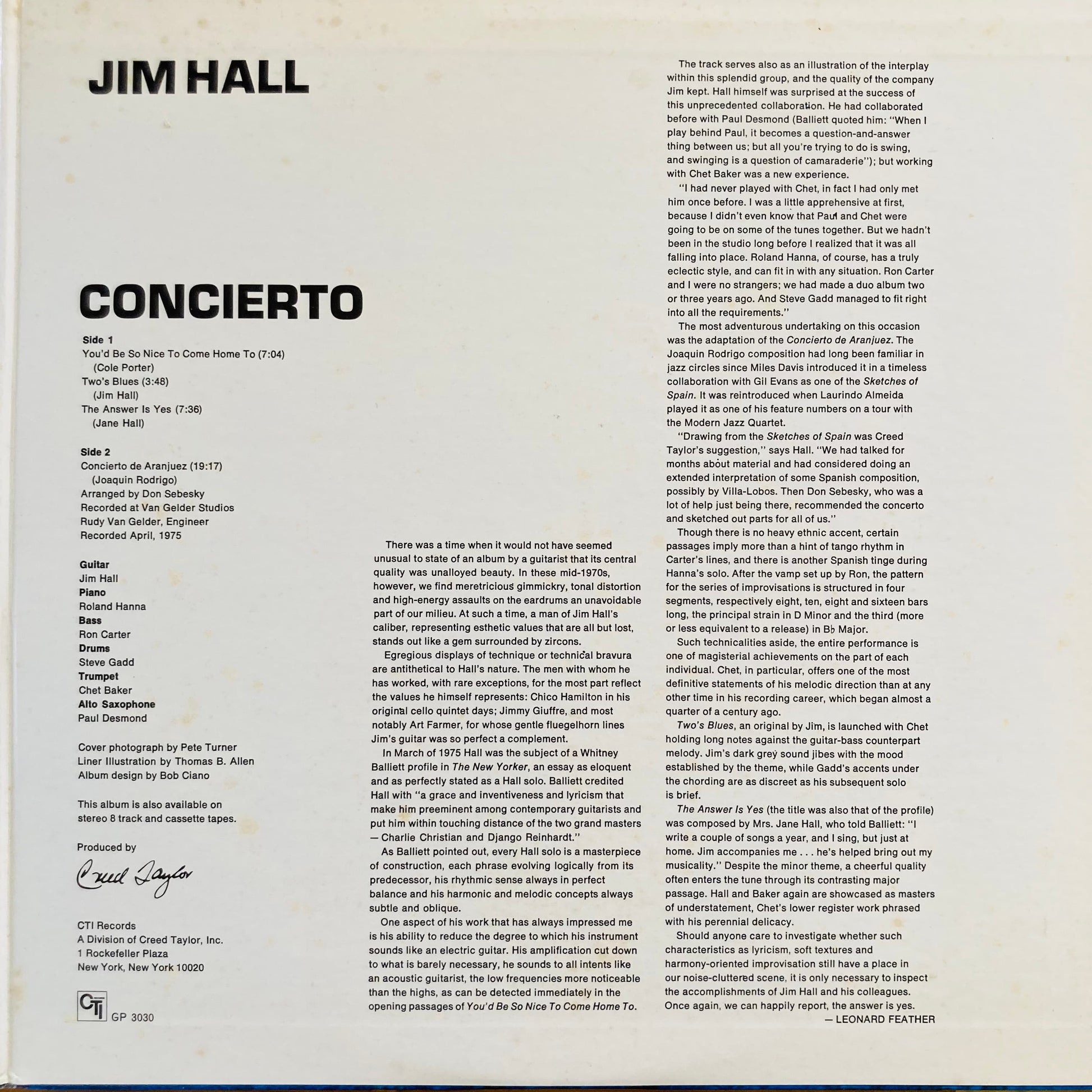 Interior of Gatefold Sleeve of CTI Records pressing of Concierto by Jim Hall (GP 3030)