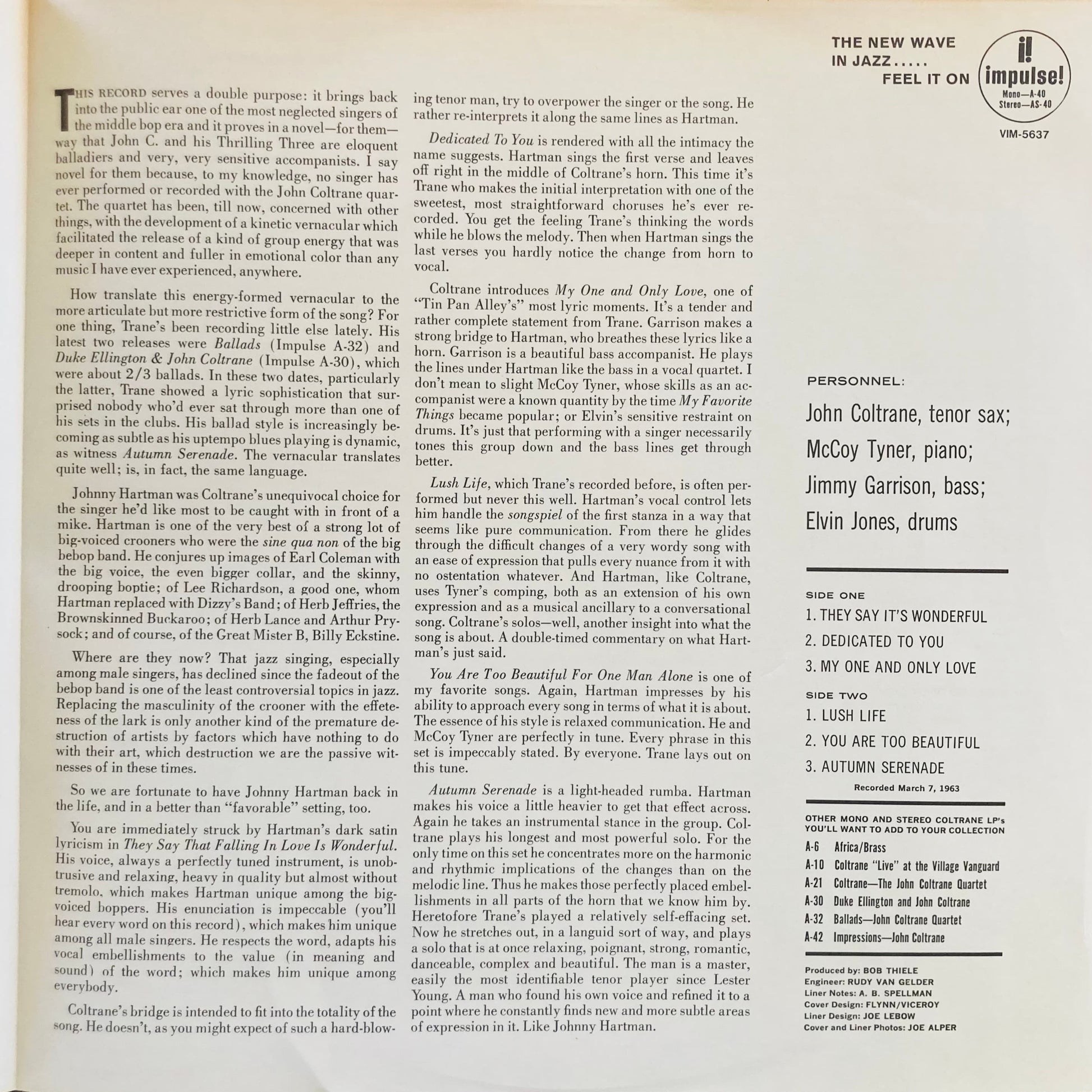 Insert booklet from John Coltrane and Johnny Hartman Japanese reissue (VIM-5637)