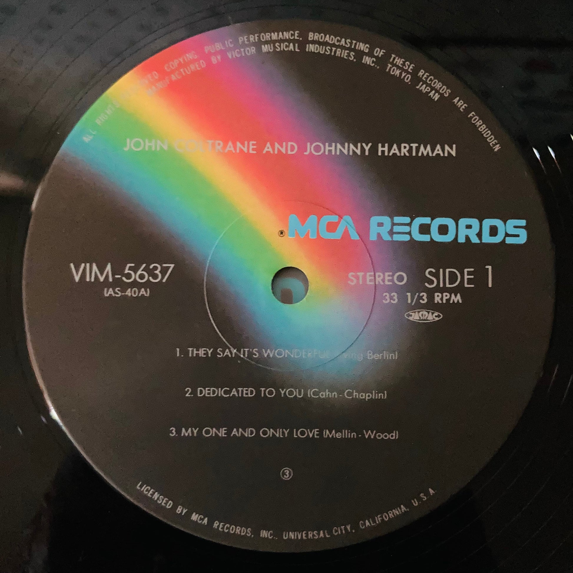 Close-up of VIM-5637 label side 1 on pristine black vinyl, John Coltrane and Johnny Hartman