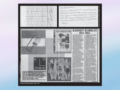 Framed collage of newspaper clippings and text on a gradient background