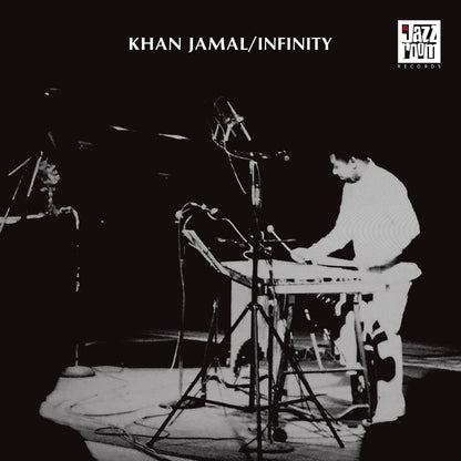 Album cover art for Khan Jamal - Infinity, with a musician playing keyboard, text 'Khan Jamal/Infinity', and Jazz Room Records logo.