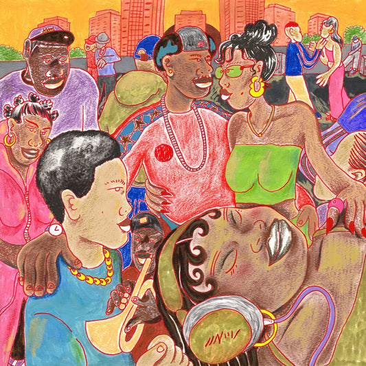 Cover art for Kokoroko - Tough Times Never Last, featuring a vibrant painting of a group of people dancing in front of tall builings.