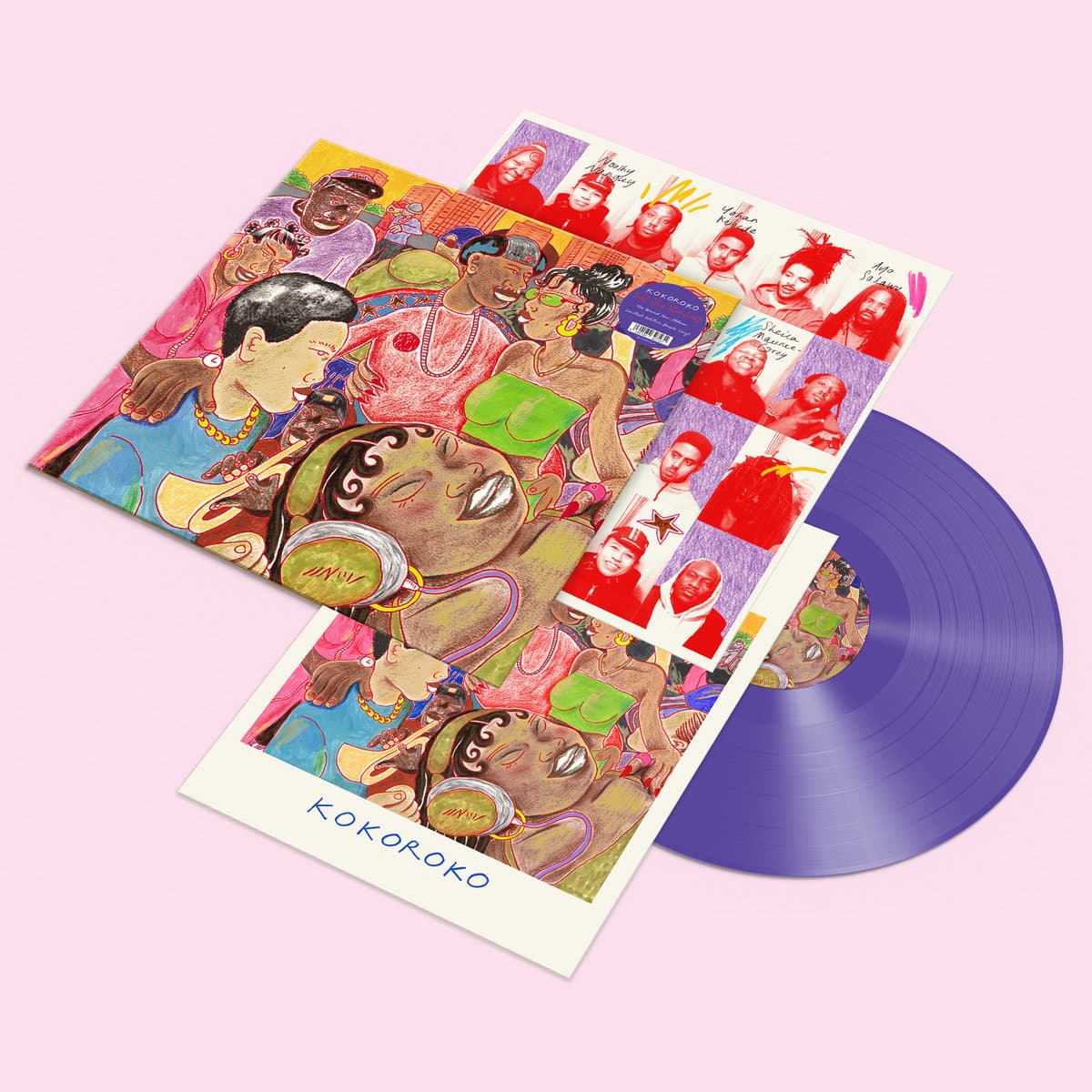 Cover art, inner sleeve and purple vinyl for Kokoroko - Tough Times Never Last, against a pink background.