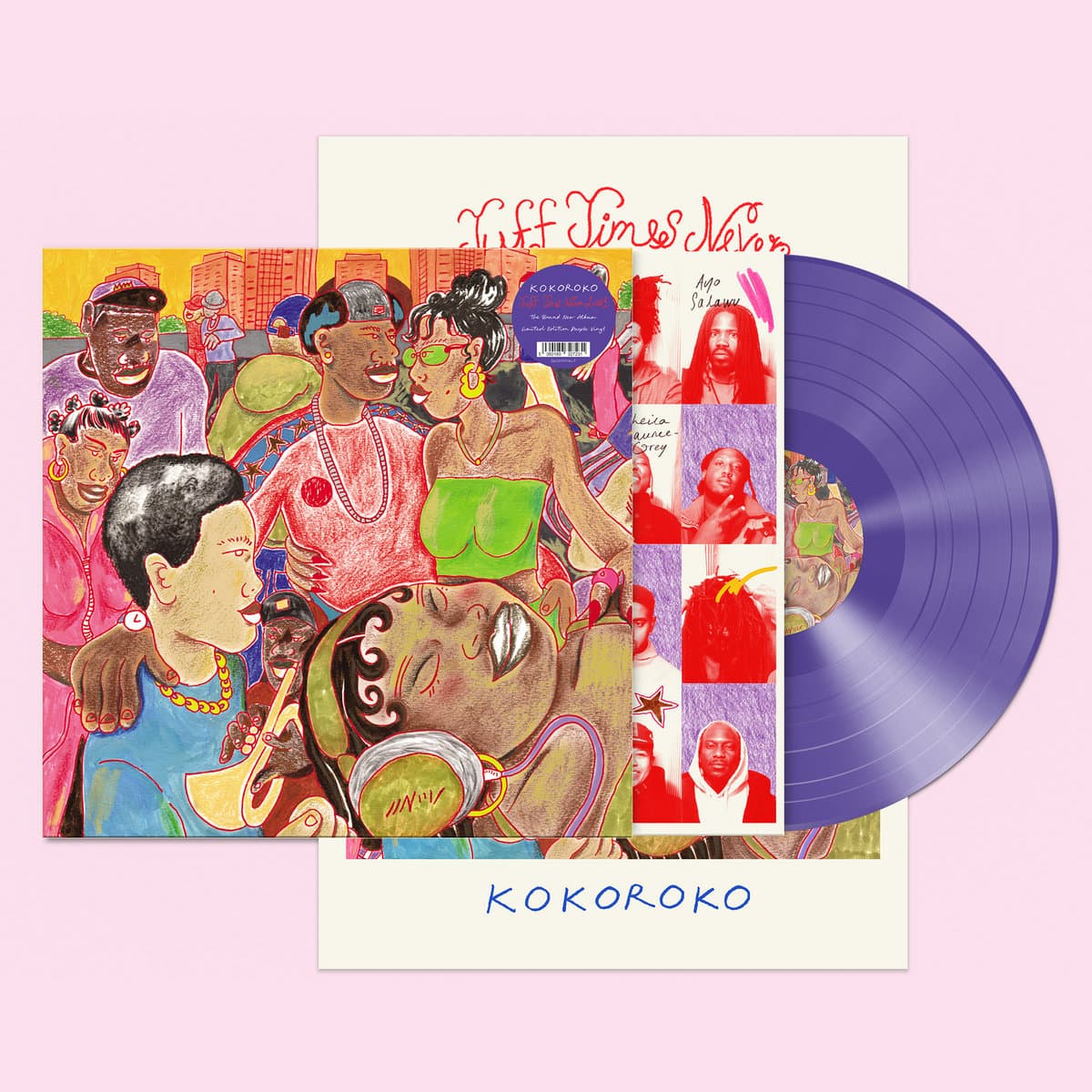 Cover art, poster and purple vinyl for Kokoroko - Tough Times Never Last, against a pink background.