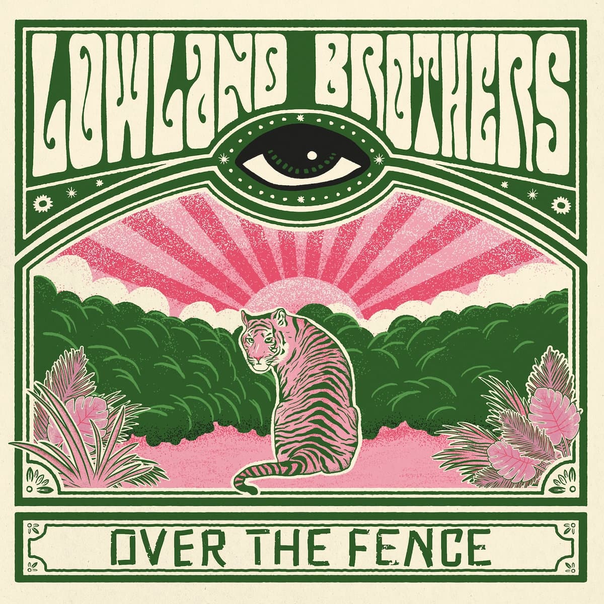 Album cover for 'Over the Fence' by Lowland Brothers with a tiger, green landscape, and pink sky.