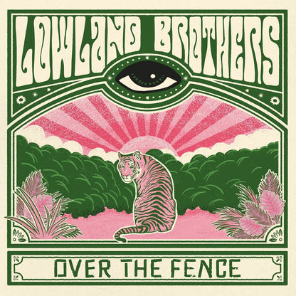 Album cover for 'Over the Fence' by Lowland Brothers with a tiger, green landscape, and pink sky.
