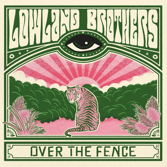 Album cover for 'Over the Fence' by Lowland Brothers with a tiger, green landscape, and pink sky.