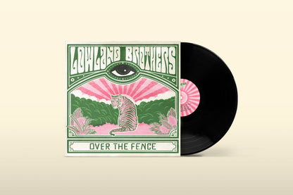 Vinyl record with a colorful cover featuring an eye and nature-themed design on a beige background.