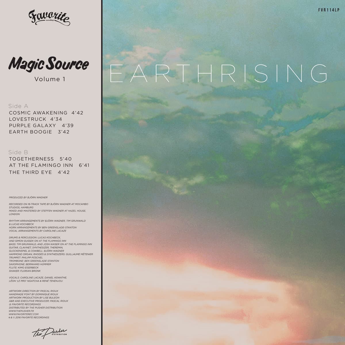 Album cover for 'Earthrising' by Magic Source with a scenic landscape and tracklist on the left.
