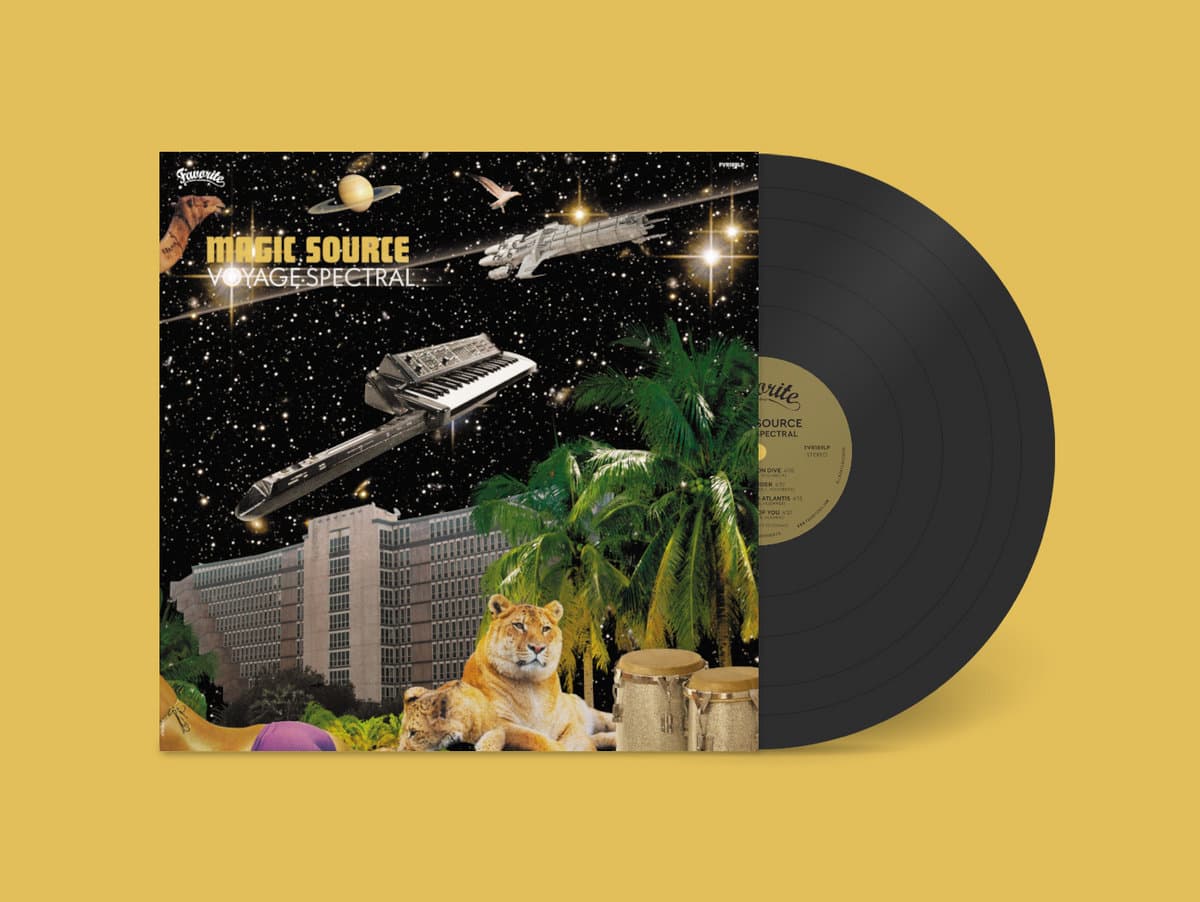 Vinyl and sleeve for Magic Source - Voyage Spectral against a yellow background