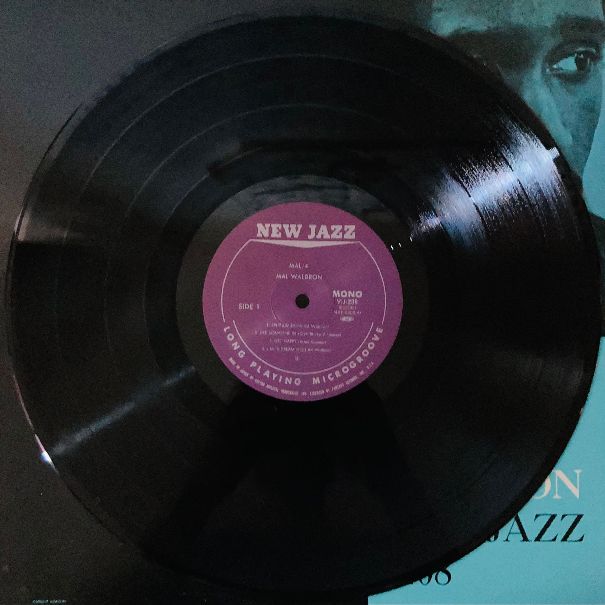 Close-up of black vinyl pressing of Mal/4 Trio, 1984 New Jazz reissue from Japan