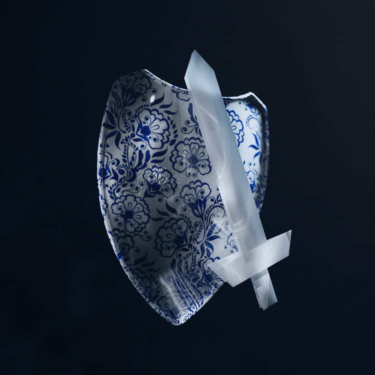 Cover art for "Porcelain Shield, Paper Sword" by Mary Sue and the Clementi Sound Appreciation Club depicting a blue floral-patterned shield with a white sword on a black background
