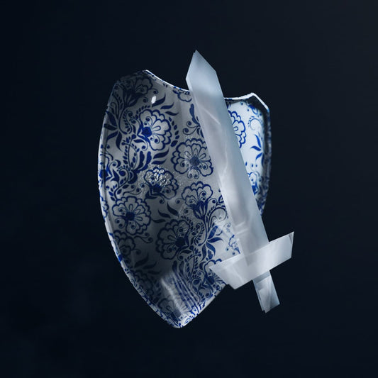 Cover art for "Porcelain Shield, Paper Sword" by Mary Sue and the Clementi Sound Appreciation Club depicting a blue floral-patterned shield with a white sword on a black background