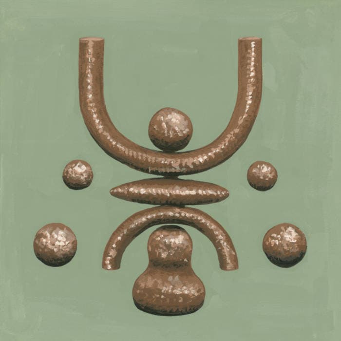 Cover art for Maya Ongaku - Approach to Anima showing a decorative metal sculpture with curved elements and spherical shapes on a green background