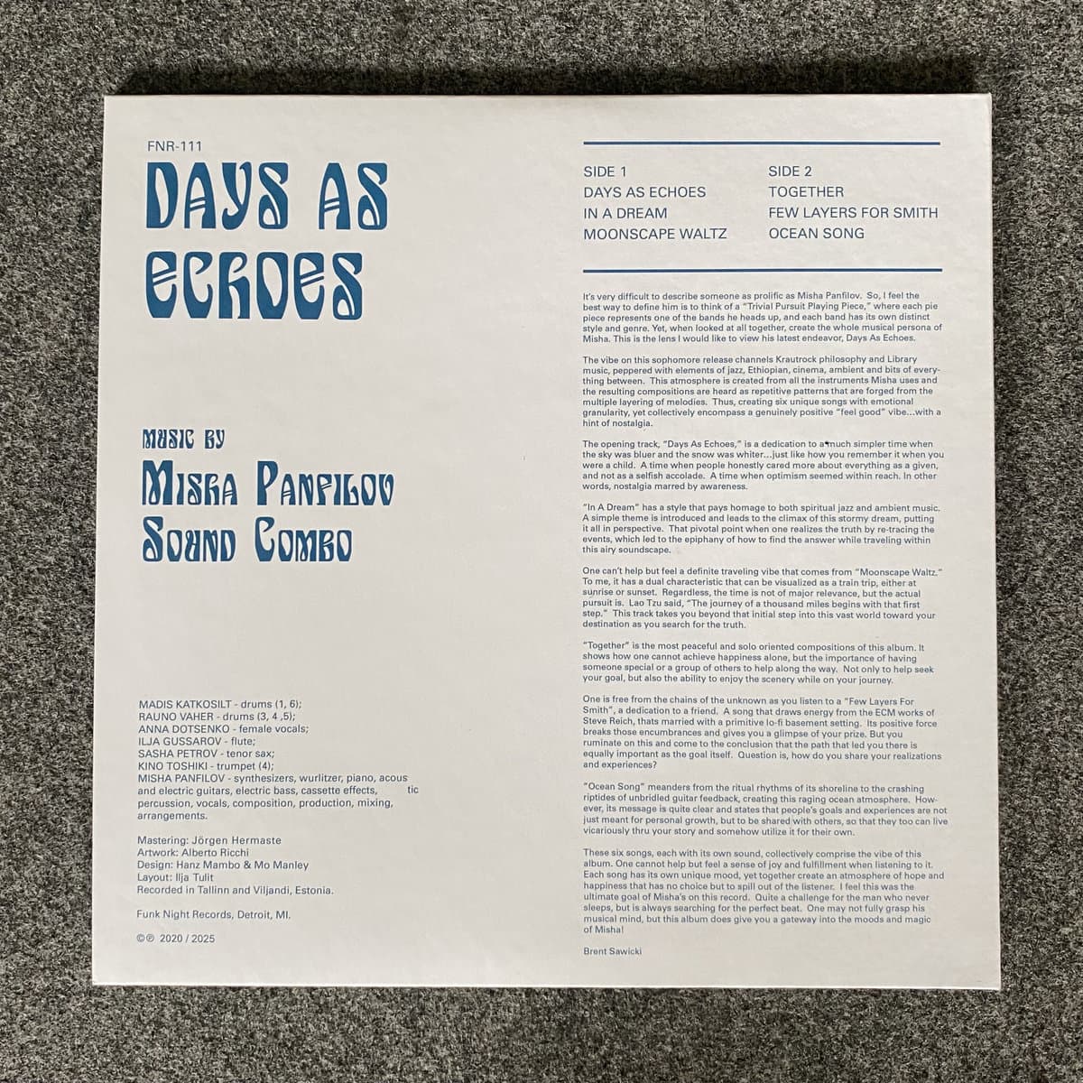 Back cover of Misha Panfilov - Days As Echoes vinyl album with text and tracklist on a textured surface