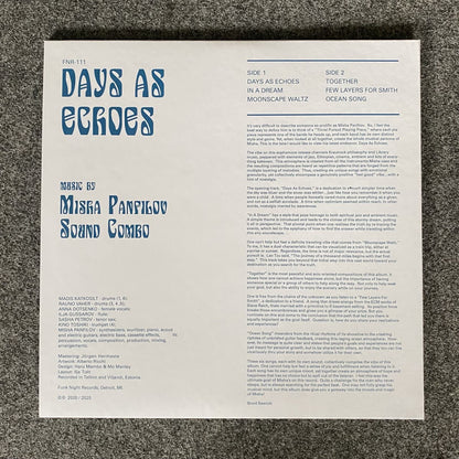 Back cover of Misha Panfilov - Days As Echoes vinyl album with text and tracklist on a textured surface