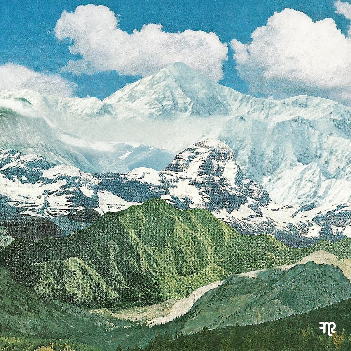 Cover art for Misha Panfilov - Days As Echoes, featuring a painting of snow-capped mountains with green valleys under a blue sky
