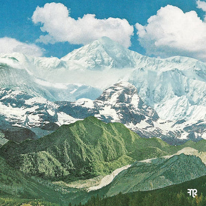 Cover art for Misha Panfilov - Days As Echoes, featuring a painting of snow-capped mountains with green valleys under a blue sky
