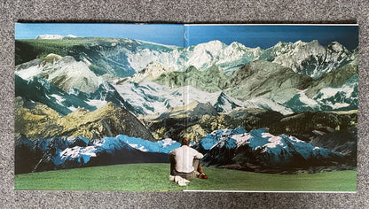 Gatefold artwork for Misha Panfilov - Days As Echoes, featuring a painting of a person sitting on a grassy area with mountains in the background