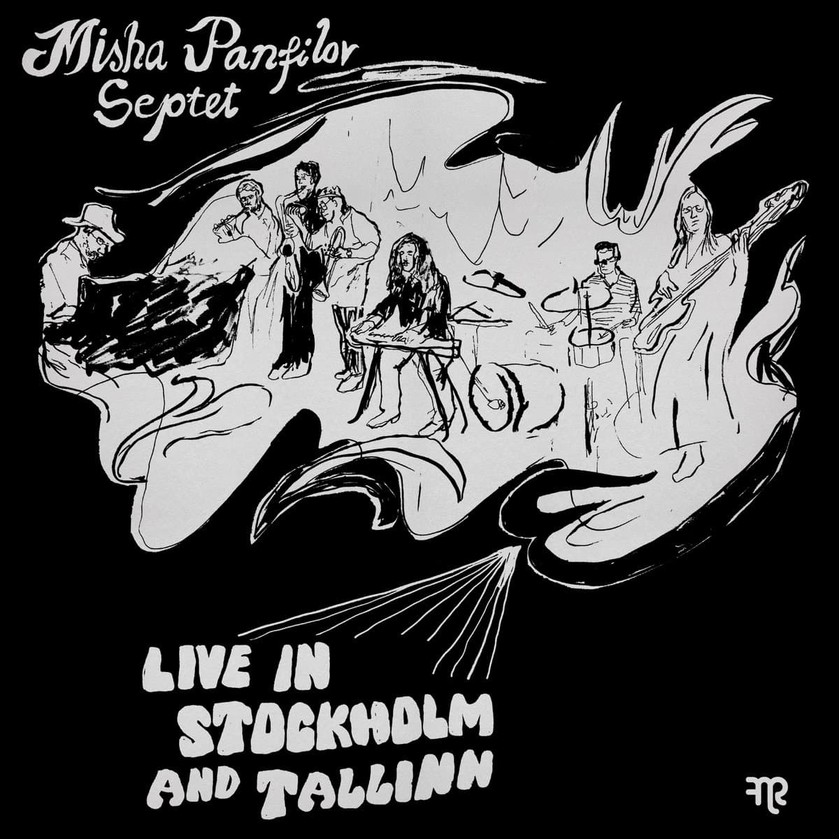 Album cover for Misha Panfilov Septet's live performances in Stockholm and Tallinn with black and white illustrations of musicians.