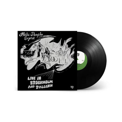 Vinyl record with black cover featuring artistic design and text on a white background