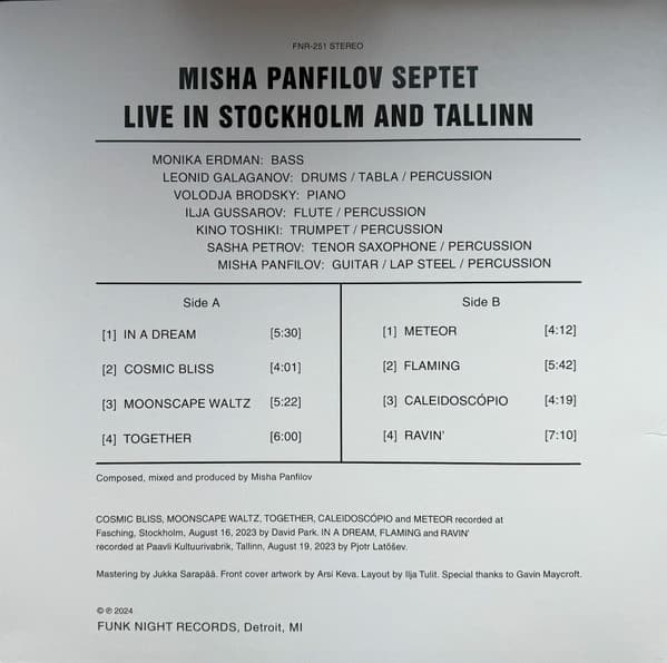 Back cover of a music album featuring Misha Panfilov Septet with tracklist and credits.