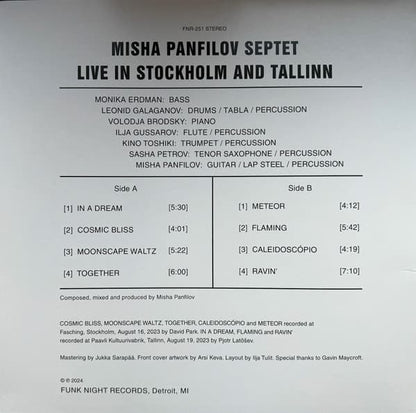 Back cover of a music album featuring Misha Panfilov Septet with tracklist and credits.
