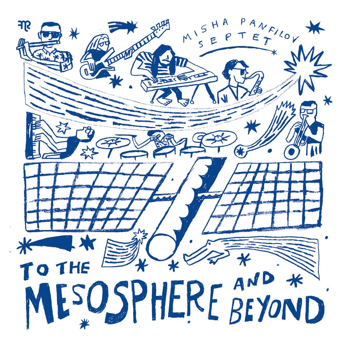 Illustration of people in a space ship with text 'To the Mesosphere and Beyond' by Misha Panfilov Septet.