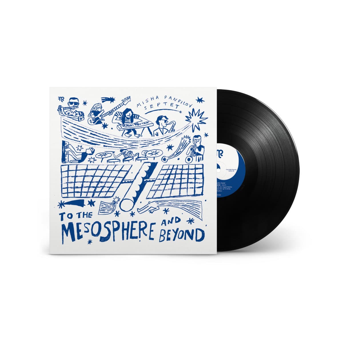Vinyl record with a white cover featuring blue illustrations and text on a white background