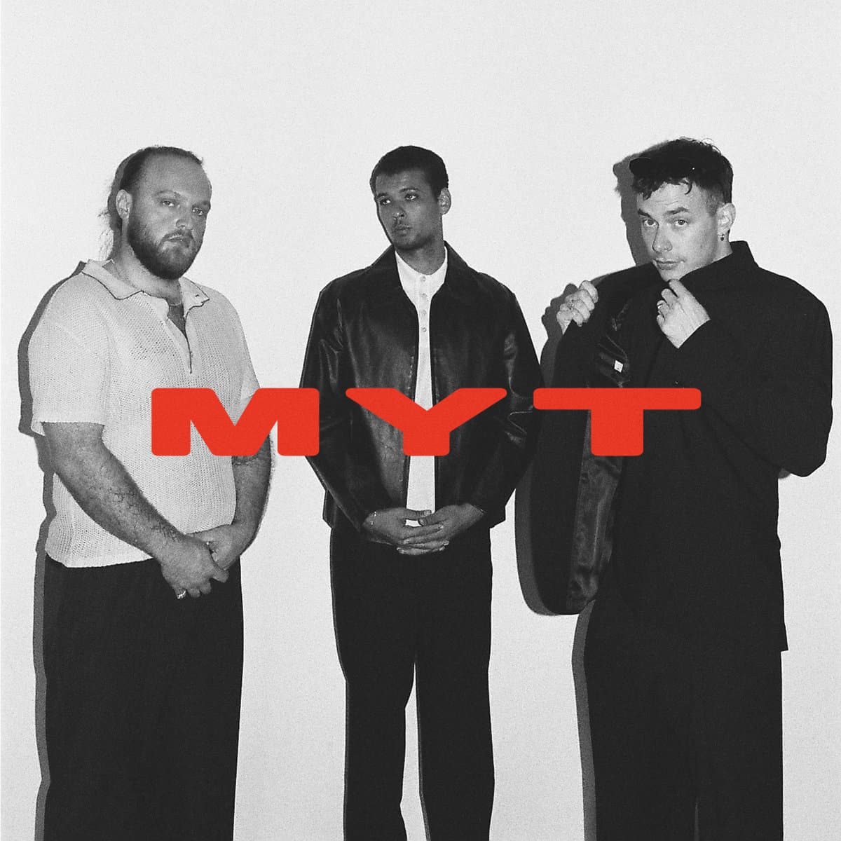 Cover art for Moses Yoofee Trio  MYT, featuring a black and white photo of three men standing against a white background