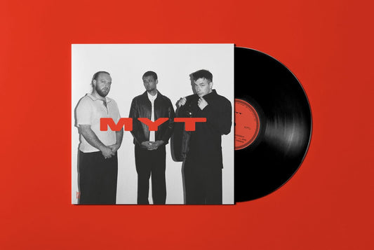 Sleeve and vinyl for Moses Yoofee Trio  MYT against a red background