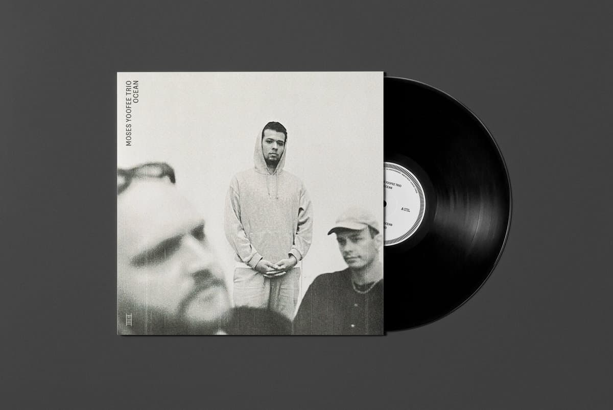 Vinyl record for Moses Yoofee Trio - Ocean with a black and white cover featuring three people on a dark gray background