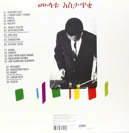 Back cover of the Mulatu Astatke compilation vinyl showing tracklist, and an archival image of Mulatu from the Strut Records retrospective.
