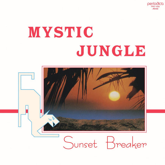 Cover art for Mystic Jungle - Sunset Breaker featuring a beach sunset and red lettering.