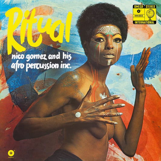 Front cover of Ritual by Nico Gomez and His Afro Percussion Inc, showing topless women with bold face and body paint against colorfully painted background