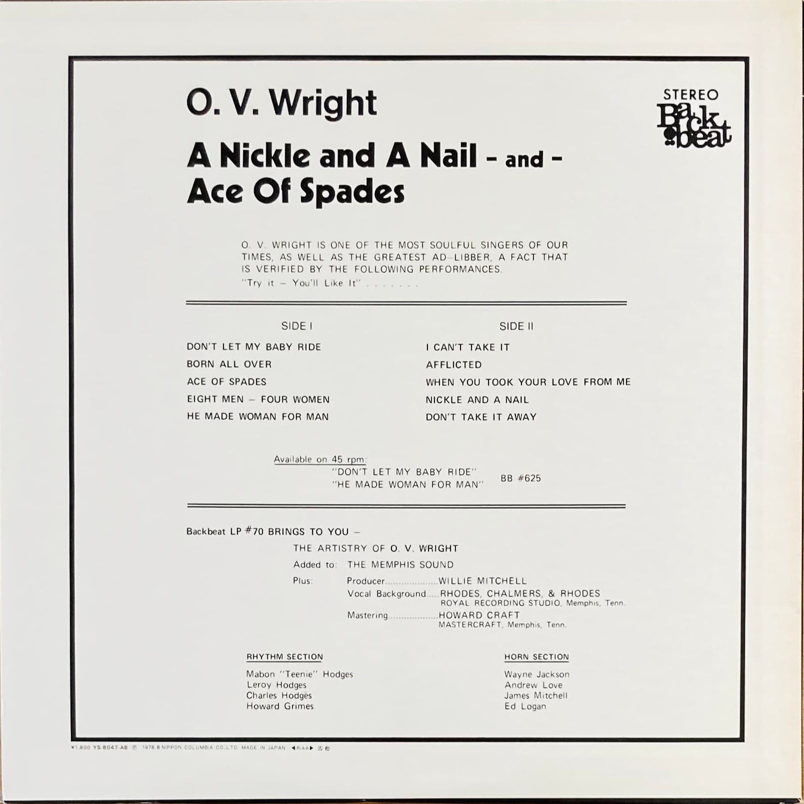 Back cover of A Nickel and a Nail... Japanese LP, Back Beat YS-8047-AB