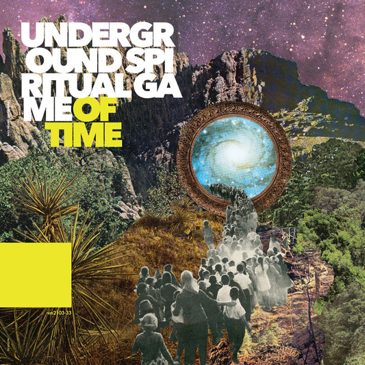 Album cover with mountain landscape, people, and circular frame with celestial image, featuring text 'Underground Spiritual Gathering of Time'.