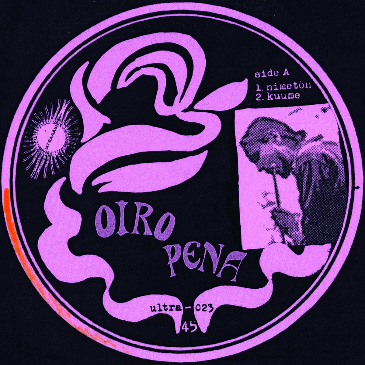 Vinyl record label with pink and purple design on a black background
