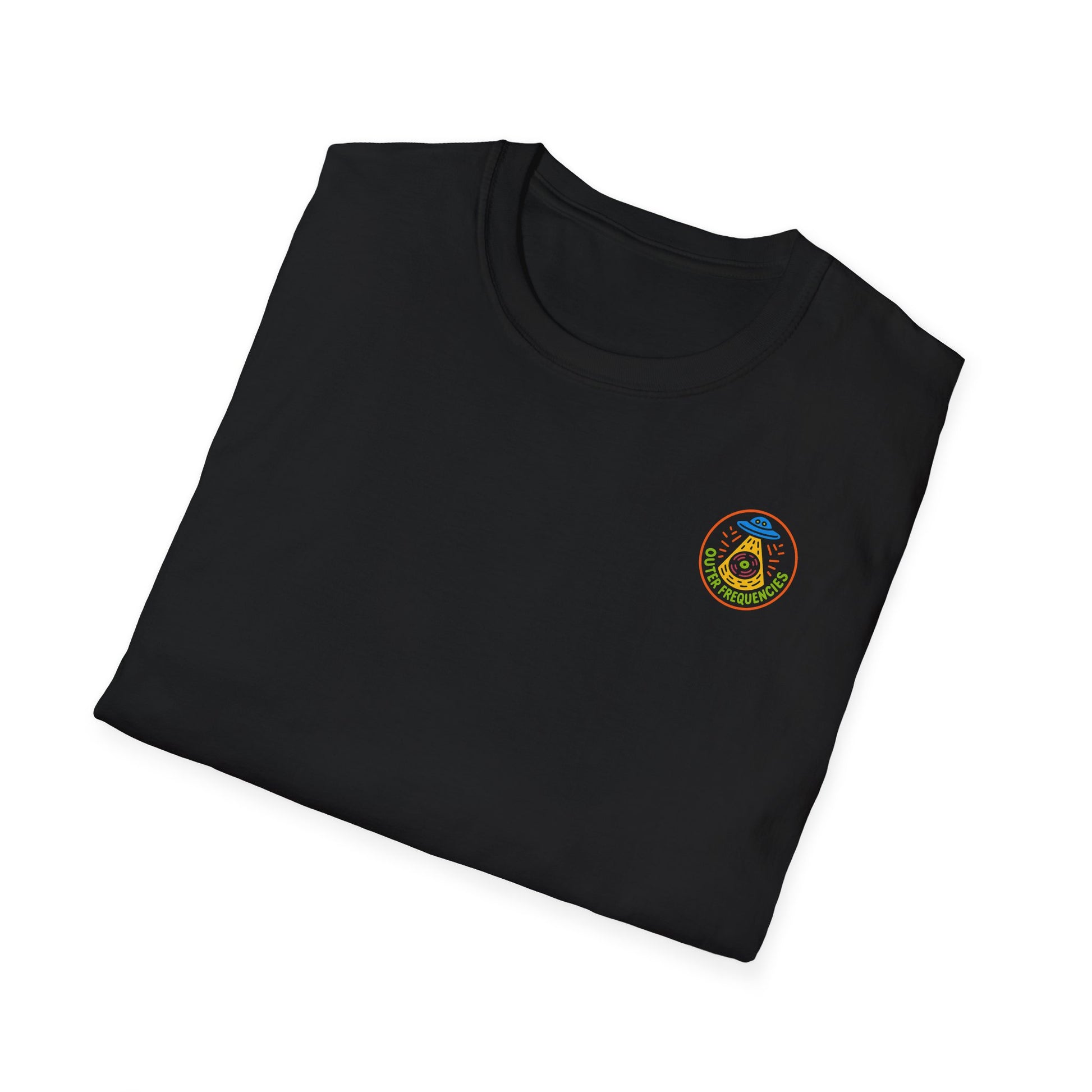 Folded black t-shirt with a colorful logo on a white background