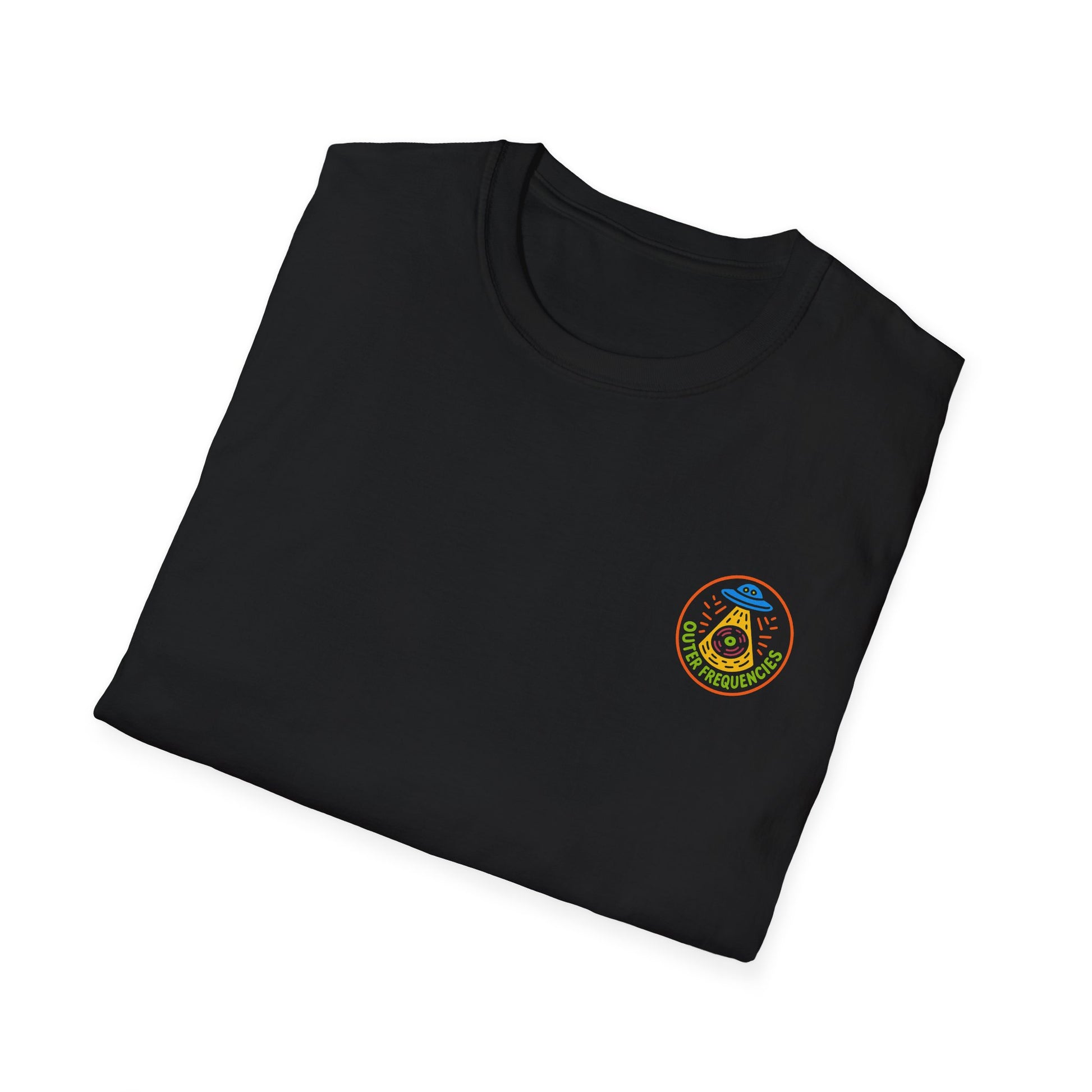 Folded black t-shirt with a logo on a white background