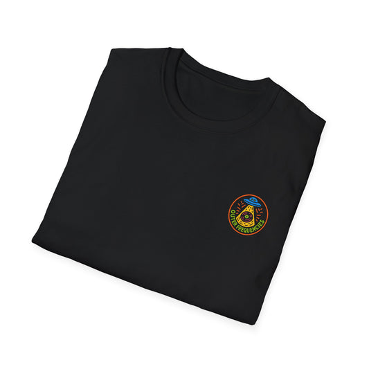 Folded black t-shirt with a logo on a white background