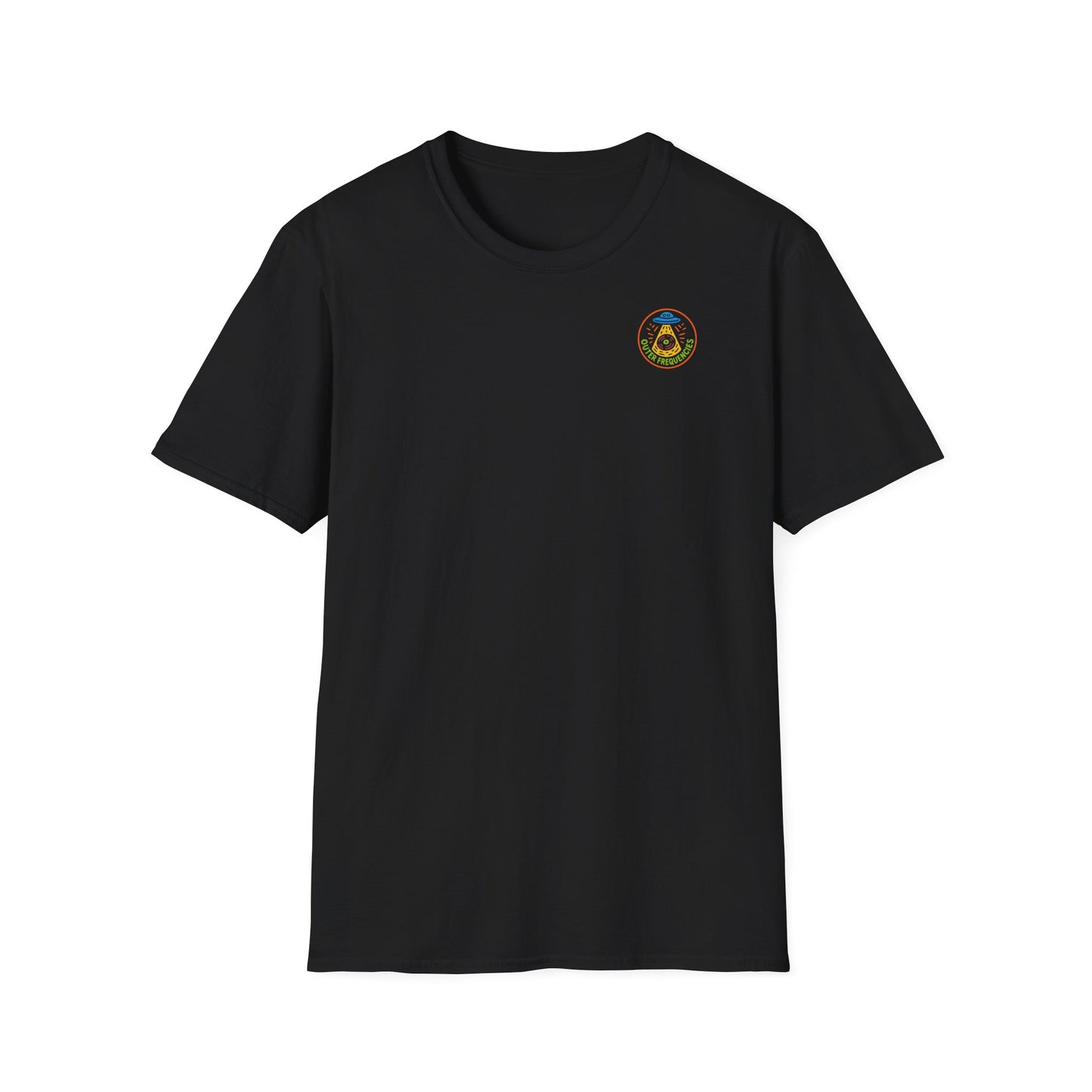 Black t-shirt with a small colorful logo on the chest against a white background