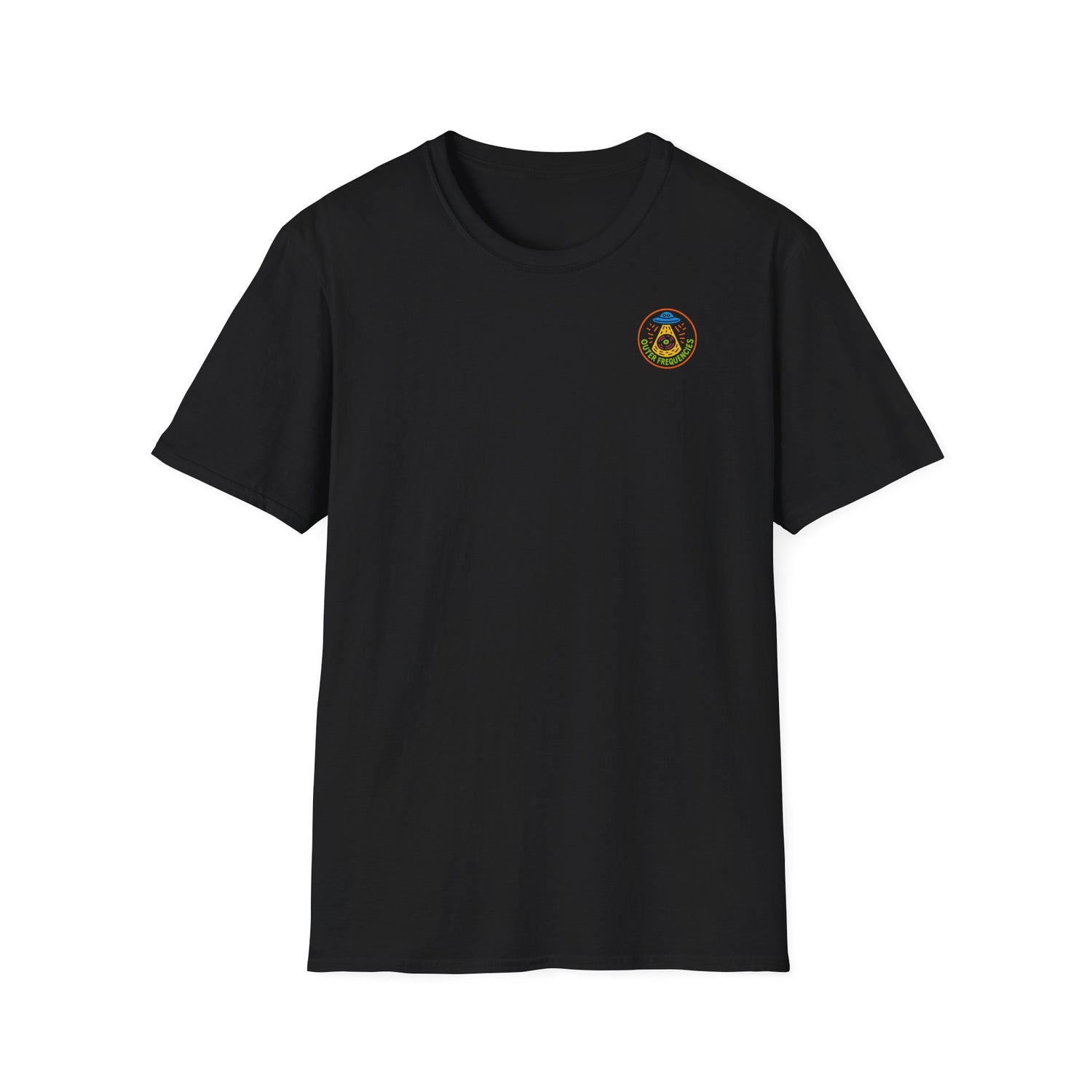 Black t-shirt with a small colorful logo on the chest against a white background