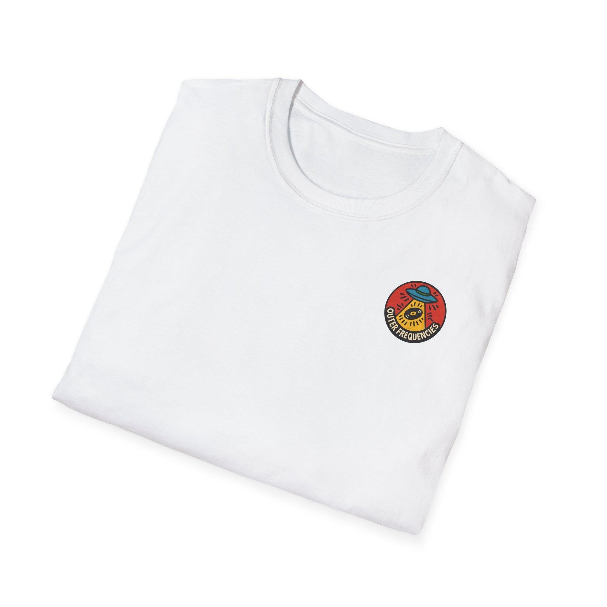 White t-shirt with a colorful logo on a white background