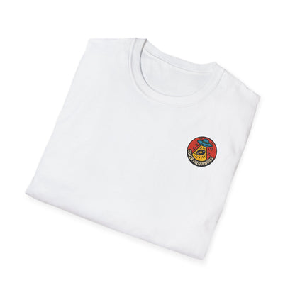 White t-shirt with a colorful logo on a white background