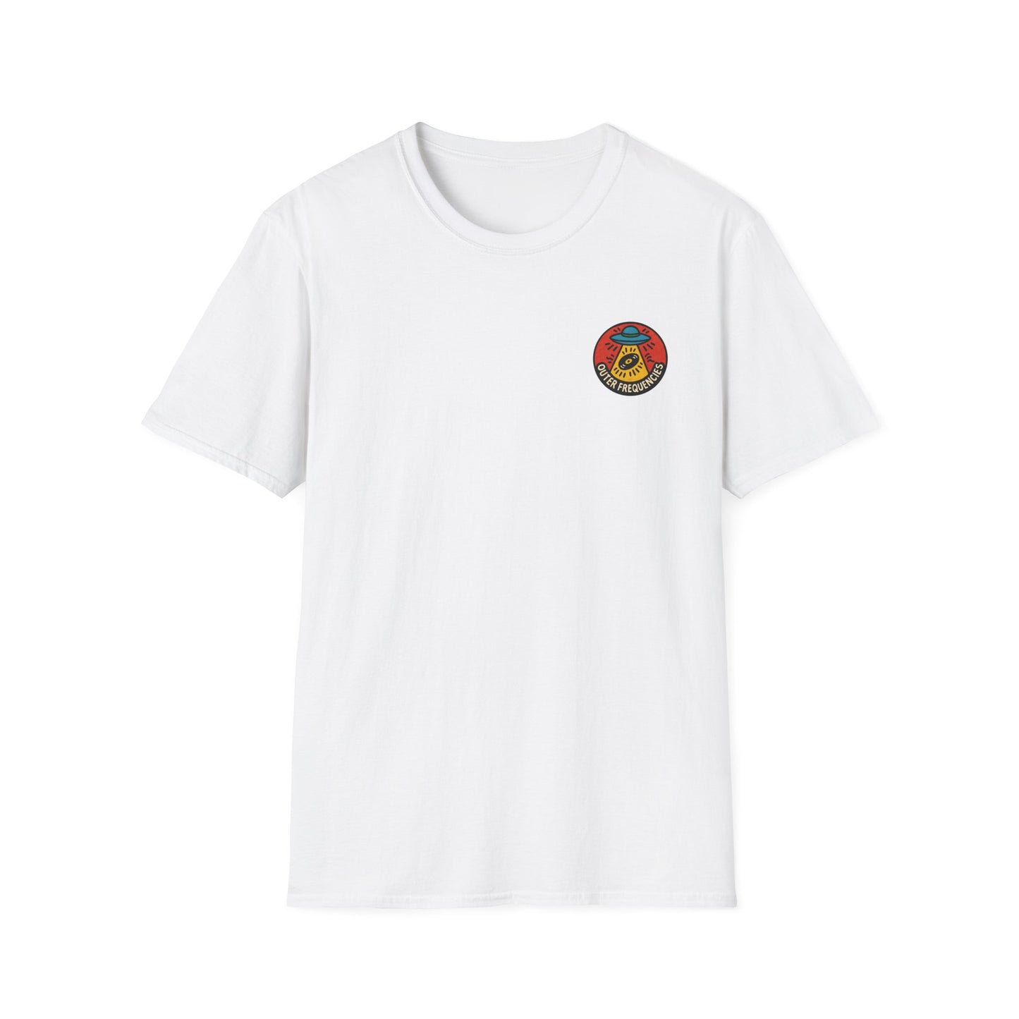 White t-shirt with a colorful logo on a white background